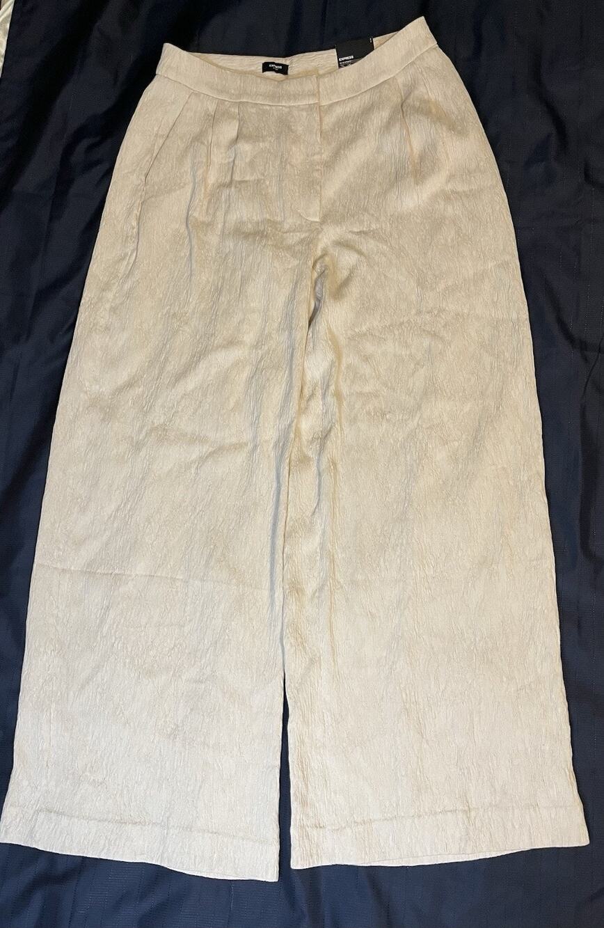 NEW Express Stylist Wide Leg High Rise Trouser Pants Womens 10 R Beige Crinkled